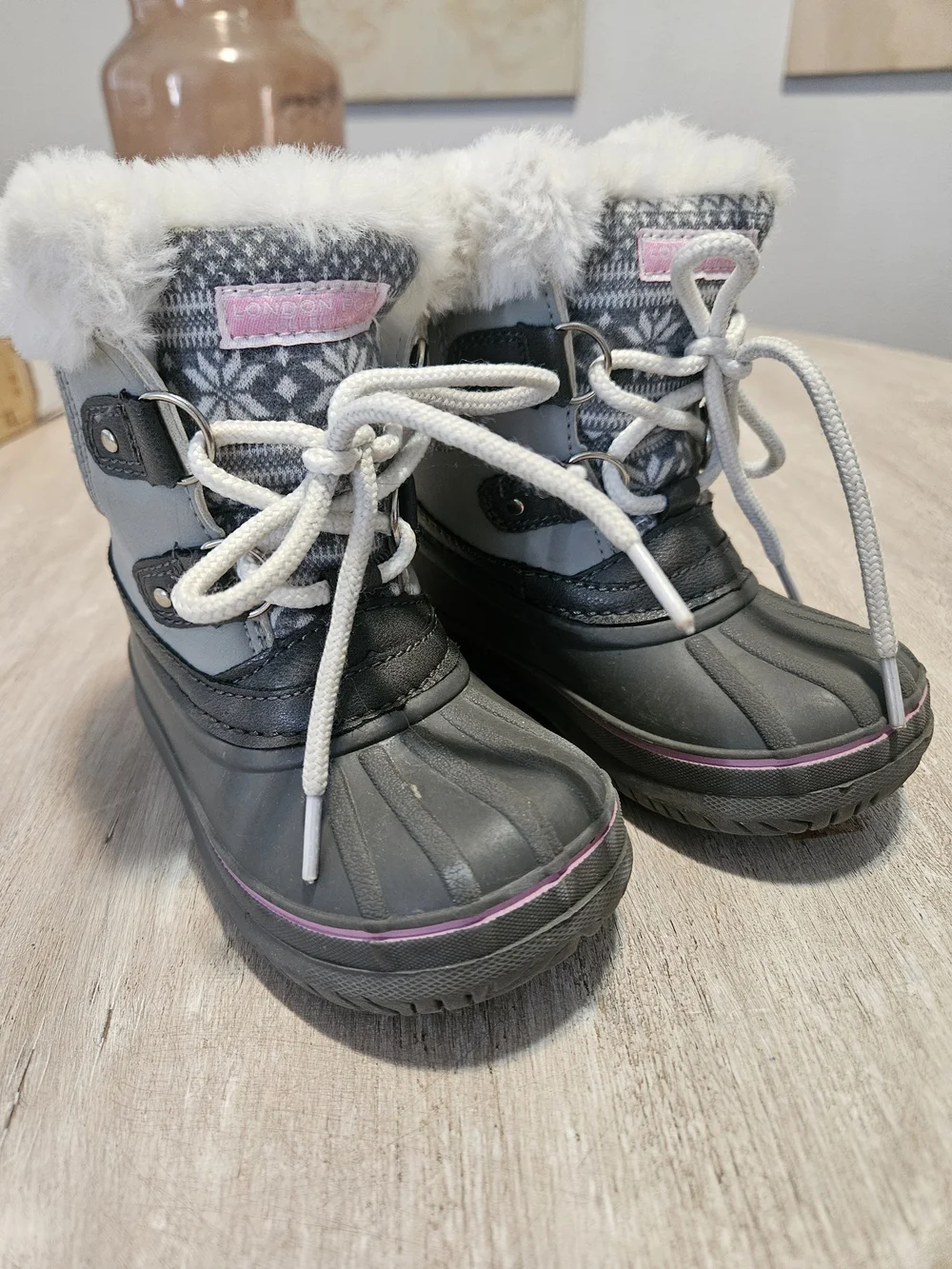 Toddler Girls' London Fog Snow Boots with Faux Fur Trim - Gray & Pink 7